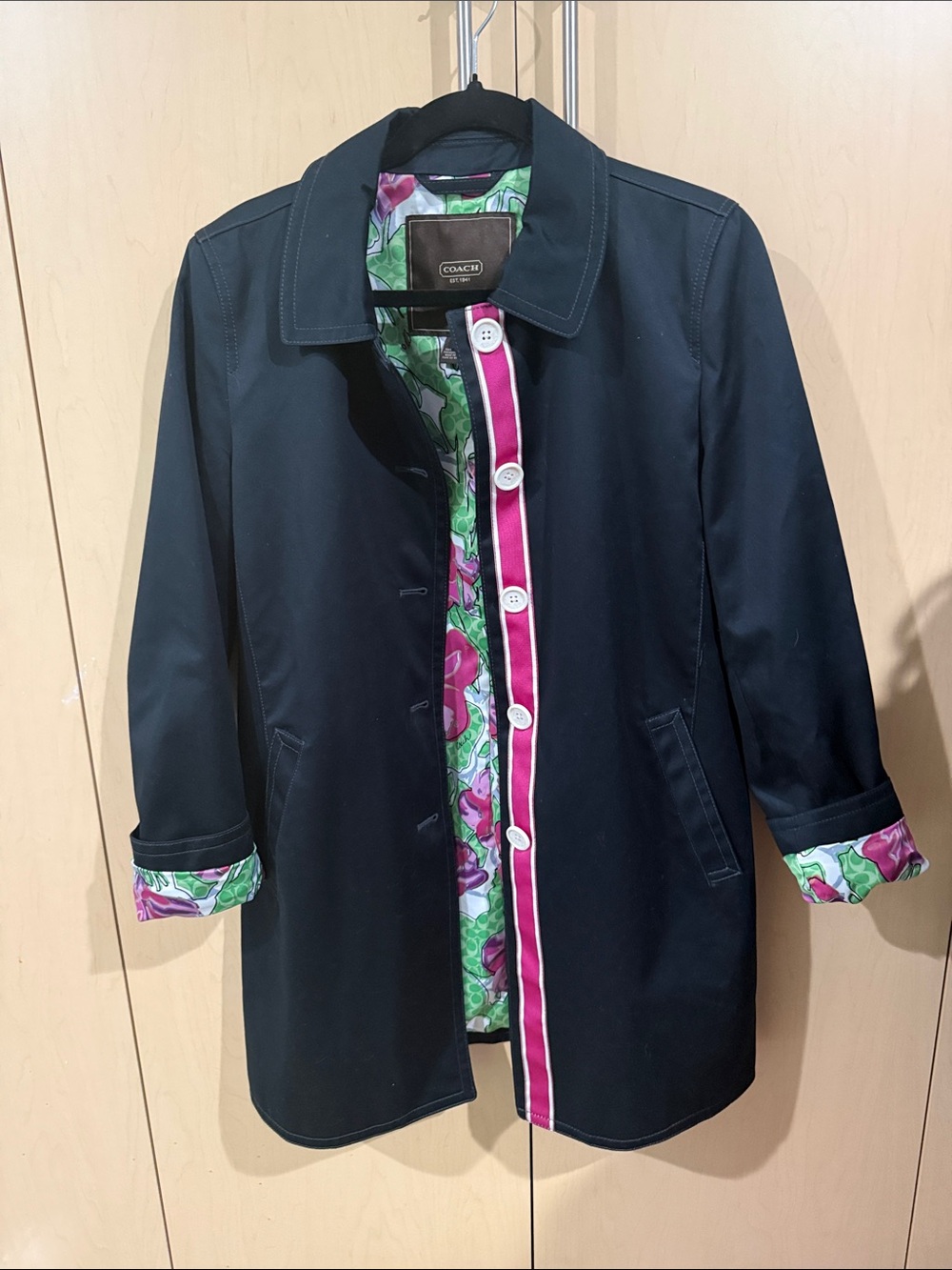 Coach Black Trench Coat with Pink & Green Floral Lining